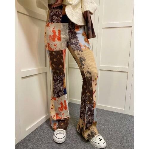 2021 Women knitted Long Flare Spring Autumn Floral Pant Folk Pants High Waist Elastic Loose Trouser