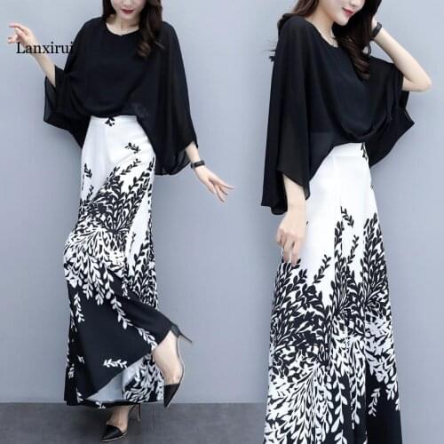 New Fashion Elegant Office Ladies Work Wear Dress Wide Leg Pant Suits 2 Piece Set Women Black Blouse Floral Skirt Pants