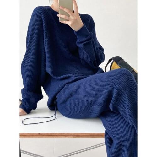 Korean Style Long Sleeve Waffle Sweatshirt Top + Wide Leg Pant Two 2 Piece Sets Womens Outfits For Set Women Suit