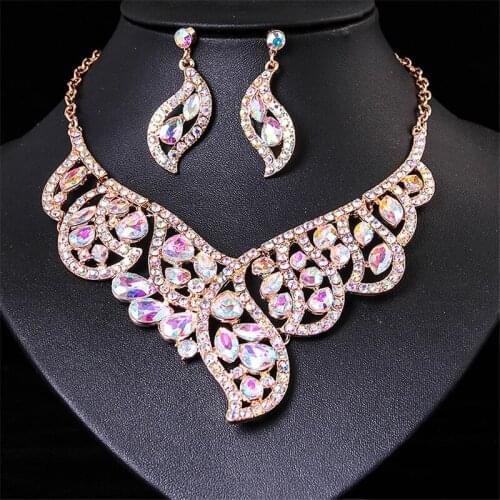 Women Bridal Gift Wedding Jewelry Set Water Drop Rhinestone Jewelry Set Costume Design Necklace Earrings Set Statement Jewelry
