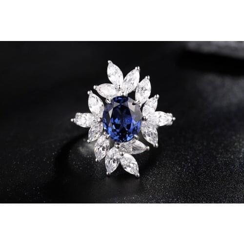 3.5ct 9.5*8mm S925 Sterling Silver Lab Grown Sapphire Jewerly Blue Stone Ring Oval Shape Flower For Women Factory Direct Sale