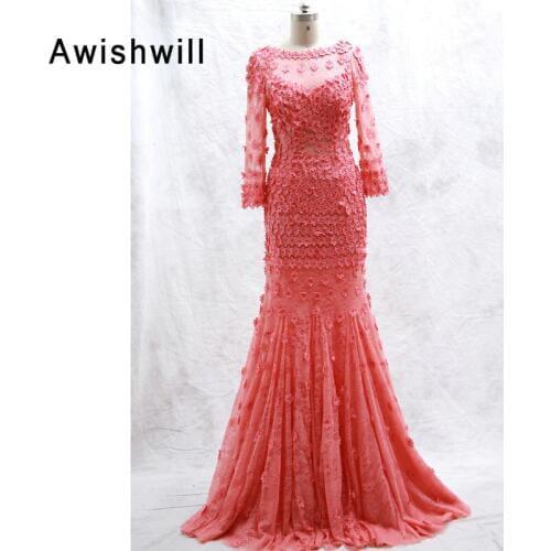 New Special Occasion Dress Mermaid Robe De Soiree Open Back Long Sleeve Evening Dresses Flowers Lace Formal Dress Real Pictures