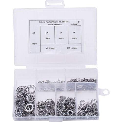 300Pcs/set M2.5 M3 M4 M5 M6 M8 Mix DIN6798A 304 Stainless Steel Washers External Toothed Gasket Serrated Lock Washer Kit