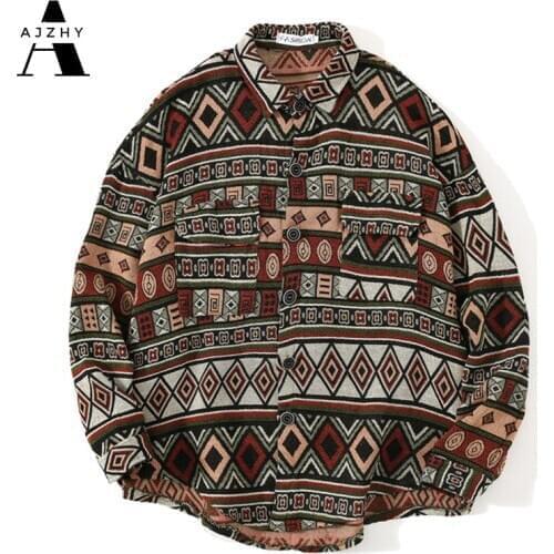 AJZHY National Style Geometric Pattern Long Sleeve Vintage Shirts Men Winter Streetwear Hip Hop Harajuku Casual Loose Cotton