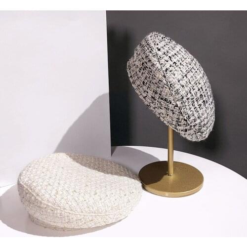 Fleece Plaid Women Berets Cap Adjustable Black White Snapback Autumn Winter Hat for Young Girl Fashion Accessories Outdoor