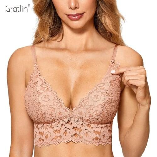 Womens Lightly Lined Wirefree Maternity Nursing Bra Lace Longline
