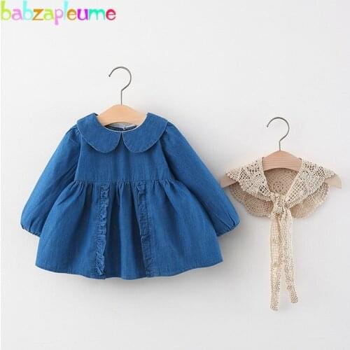 2Piece Spring Fall Toddler Girl Clothes Set Long Sleeve Denim Infant Princess Dress+Knitted Shawl Newborn Baby Dresses BC2056-1
