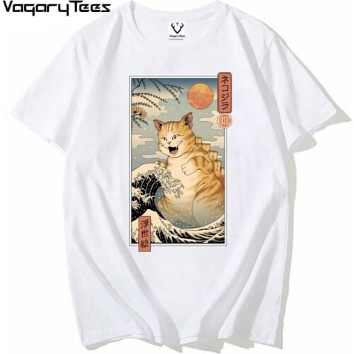 Catzilla Ukiyo-e Print Casual Harajuk Males Tshirts Unisex Short Sleeve T Shirt Hiphop Summer Men T-Shirt Streetwear Tops