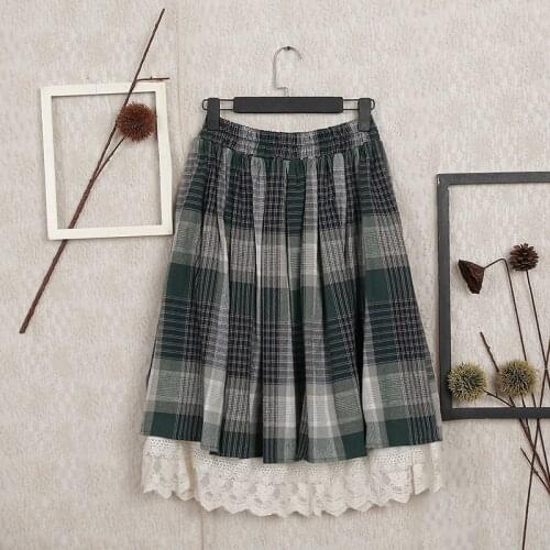 Preppy Style Lolita Girl Plaid Cotton Lace Skirts Japanese Mori Girl Autumn Winter Lace Up Elastic Waist Korean Skirt Women Saia