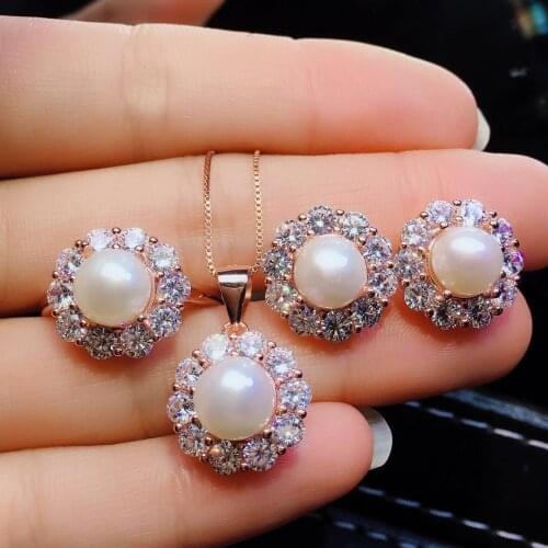 925 Sterling Silver Set Earrings for Women Rings for Women Necklace Pearl Necklace/Earrings/Ring party Classic