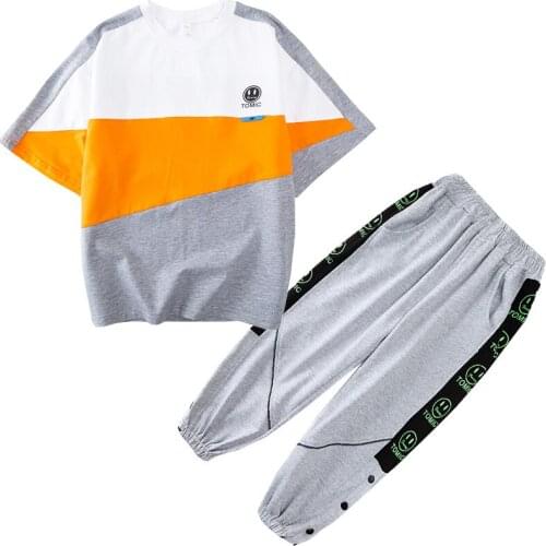 Kids boys sports suit spell color short sleeve T-shirt + pants 2pcs suit new summer big virgin suit