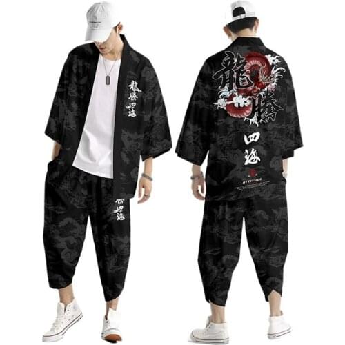 Two-piece Suit Plus Size S-6XL 5XL 4XL Loose Japanese Cardigan Women Men Cosplay Yukata Clothing Harajuku Kimono + Pants Sets
