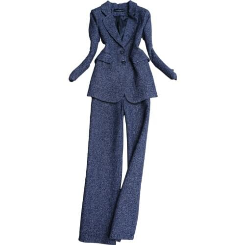 Autumn and winter new Korean fashion ladies suit chic high-end tweed suit jacket straight wide leg pants two-piece suit