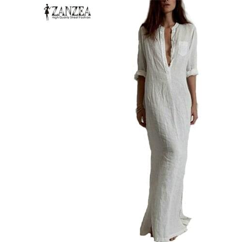 Zanzea Fashion Vestidos 2021 Autumn Women Sexy Casual Dress Long Sleeve Deep V Neck Split Solid Long Maxi Dress