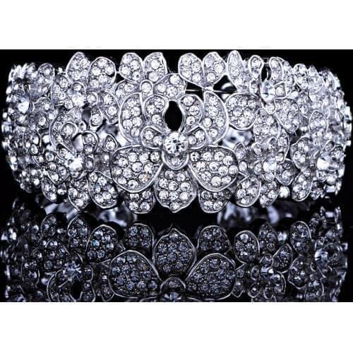 Fashion Bridal Jewelry Silver Plated Wide Cuff Bangles with Crystal Rhinestones Luxury Wedding Bracelets for Women