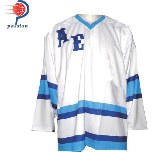 MOQ 5pcs White Blue 100% Polyester Customized Ice Hockey Jersey