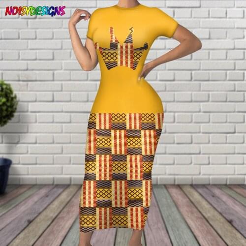 NOISYDESIGNS 2021 women o-neck dress gold ankara african print short sleeve long dress female fashion clothes vestidos de mujer