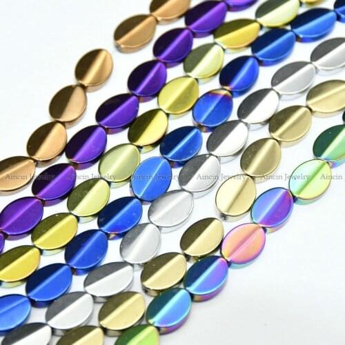 New Arrival Slant Flat Oval Shape Strand Loose Hematite Beads Rianbow Gold Silver Titanium Plating FIndings 5pc/lot