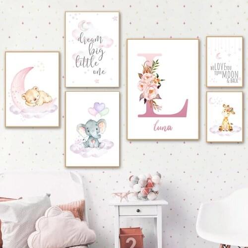 Personalized Pink Poster Custom Baby Name For Girl Bedroom Canvas Painting Custom Nursery Wall Art Print Animal Elephant Giraffe