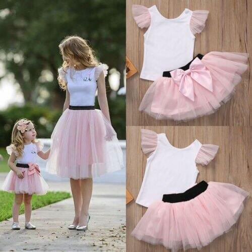 Mother Daughter Matching Shirt Skirt Clothes Women Kid Girl T shirt Tops Pink Tulle Tutu Bow Skirts Summer Outfits Set