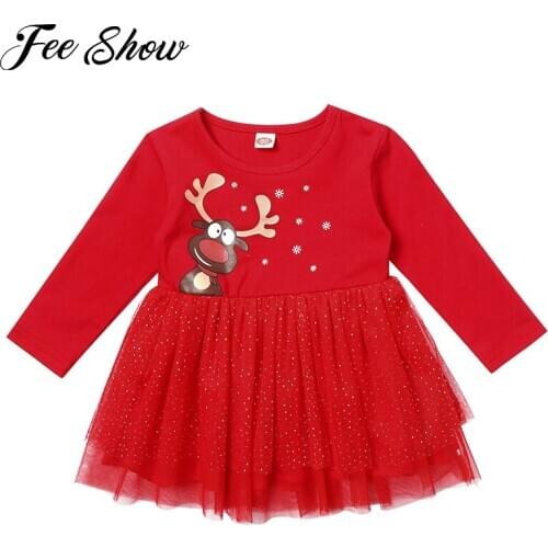 FEESHOW Christmas Dress Girl Elk Print Xmas Princess Dress My First New Years Costume Baby Girl Dress Children New Year Dress