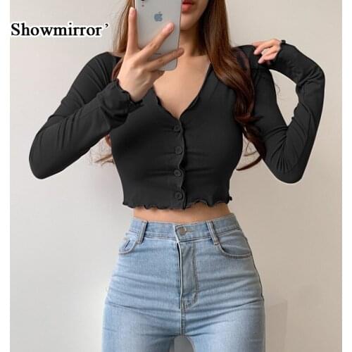 Showmirror Purple Solid Crop Cardigan Tops Women Button Up V Neck Slim Cute Kawaii Baby Tee Long Sleeve Autumn T-Shirt