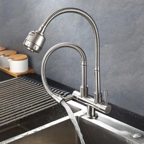 Stainless Steel Kitchen Faucet Double tap head Single Cold Water Faucet Deck Mounted Single Water Tap