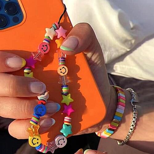 Y2K Accessories Rainbow Heart Letter Smiley Phone Chain Pearl Candy Bead Star Vintage Harajuku 8090s Aesthetic Keychain Charms