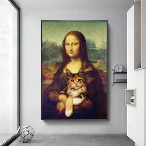 Funny Art Mona Lisa Holding A Cat Canvas Paintings Wall Art Posters and Prints Da Vinci Famous Art Pictures for Living Room