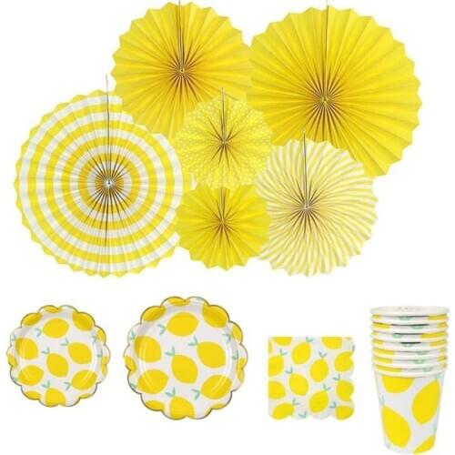Yellow Lemon Tableware Decoration Favors Paper Fan Flag Cups Napkins Plates Birthday Summer Fiesta Holiday Carnival Set