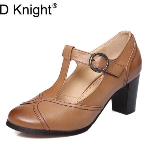 Big Size 41 Women Pumps Shoes Buckle T-Straps Chunky High Heels Pumps Shoes Woman Genuine Leather Ankle Office Ladies Pump Shoes