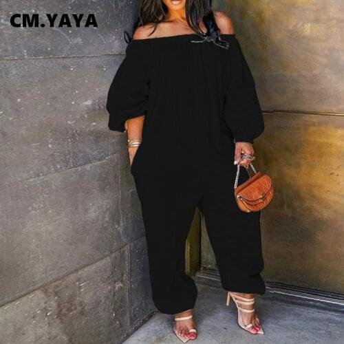 CM.YAYA Women Jumpsuit Solid Full Puff Sleeve Loose Jumpsuits with Pockets Fashion Casual One Piece Overalls Summer Outfits 2021