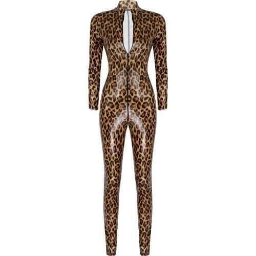 Women Erotic Lingerie Fashion Leopard Patent Leather Bodysuit Stand Collar Long Sleeve Zipper Catsuit Leotard Jumpsuit Babydolls