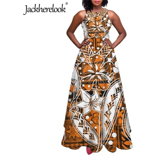 Jackherelook Vintage Sleeveless Maxi Dresses for Womens Polynesian Tribal Samoa Floral Ladies Round Neckline Sleeveless Dress