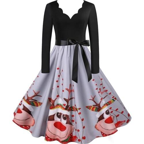 Women Christmas Winter Dresses Long Sleeve V Neck Vintage Elegant Print Party Xmas New Year Clothes Robe