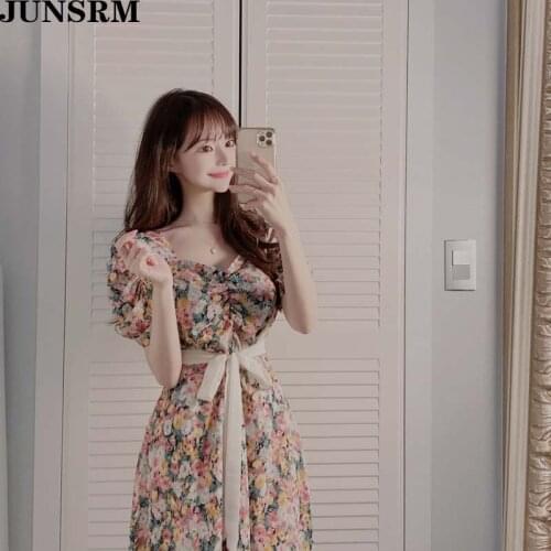 Vintage Floral Chiffon V-Neck Dress Women Plus Size Short Sleeve A-Line Midi Party Dresses Robe Female Korean Boho Dress Vestido