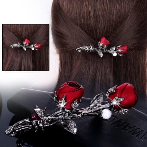 Black Rose Flower Hair Clip Christmas Gifts Party Hair Accessories Crystal Ponytail holder 1PC Rhinestone Leaves Barrettes Girls