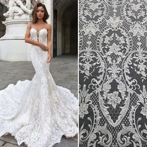 1 Yard New Sequins Encrypted Embroidery Lace Lace Fabric Wedding Dress Diy Net Yarn Cloth Clothing Decoration Accessories