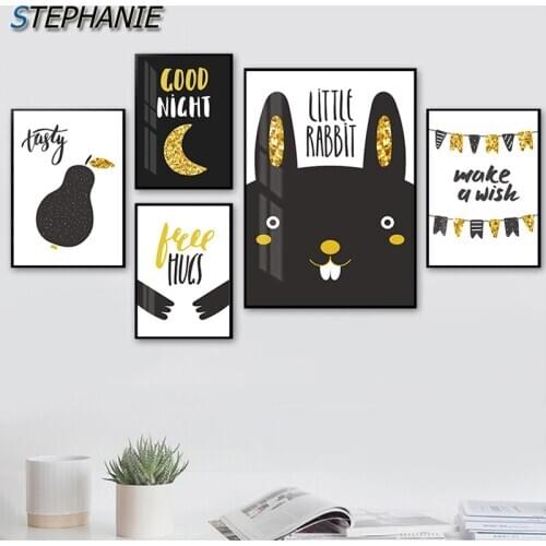 Abstract Black Golden English Letters Canvas Painting Modern Moon Wall Art Picture for Living Room Cute Rabbit Poster and Print
