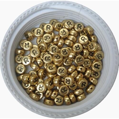 Free Shipping Golden Color Single Letter R Printing Acrylic Alphabet Beads,3600PCS 4*7MM Flat Round Coin Space Beads