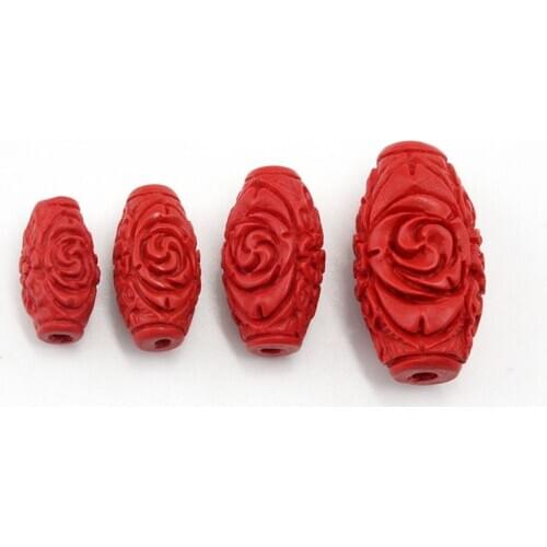 10pcs/lot Natural Red Cinnabars Beads Carved Rose Flower Barrel Tube Rondelle Bead Fit DIY Handmade Jewelry Making Findings