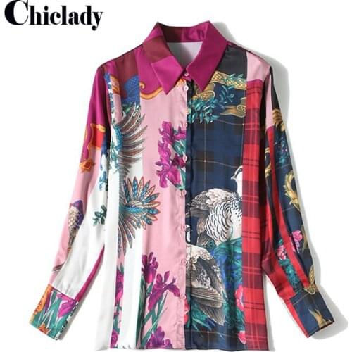 CHICLADY Women long sleeve turn down collar elegant single breasted tops office lady plaid floral printed shirt casual plus size