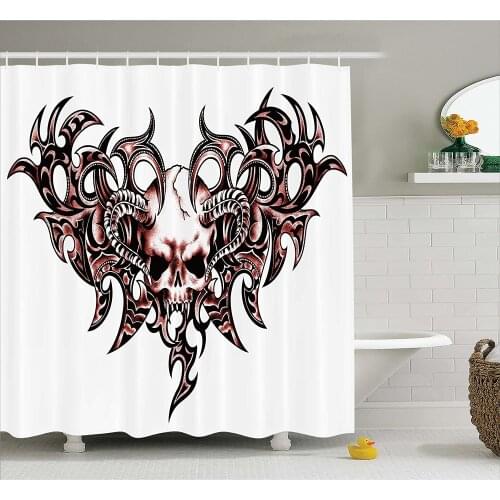 Tattoo Decor Shower Curtain Combined Hearts with Skull Eagle Wings Symbol of The Brave Love Print Bathroom Waterproof Curtains