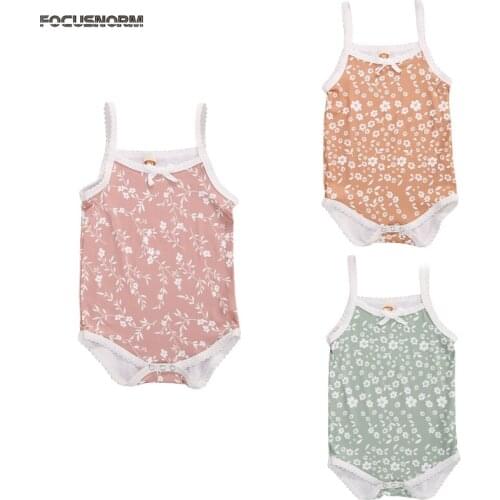 FOCUSNORM 0-24M Summer Kids Girls Bodysuits Flowers Print Sleeveless Jumpsuits Bow Lovely Outfits 3 Colors