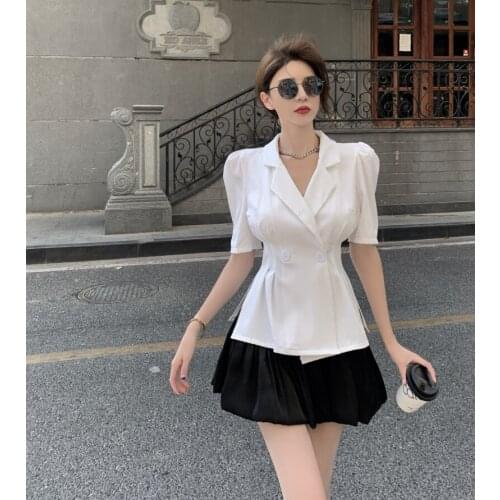 2 pcs women blazer coat +short skirts sets Puff sleeve slim blazer stain cupcake skirts suit lady Dropshipping