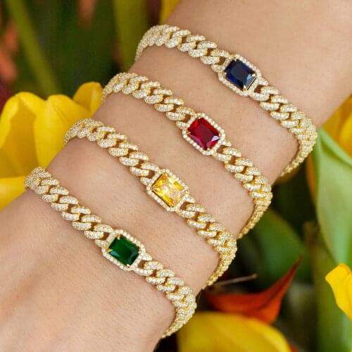 Hot Selling Colorful fashion rainbow square cz paved cuban chain bracelet necklace set with gold plate for women hip hop jewelry