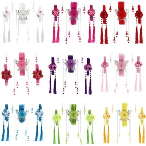 Long Ribbon Tassel with Beads Dangle Earring Set Flower Ancient Chinese Cosplay Hair Barrette Set
