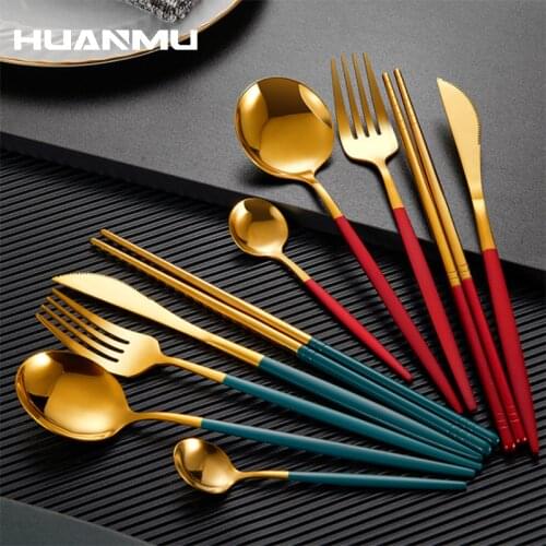 Gold Cutlery Set 304 Stainless Steel Cutlery Set Chopsticks Butter Knife Dessert Spoon Dinner Fork Tea Ice Spoon Tableware Set
