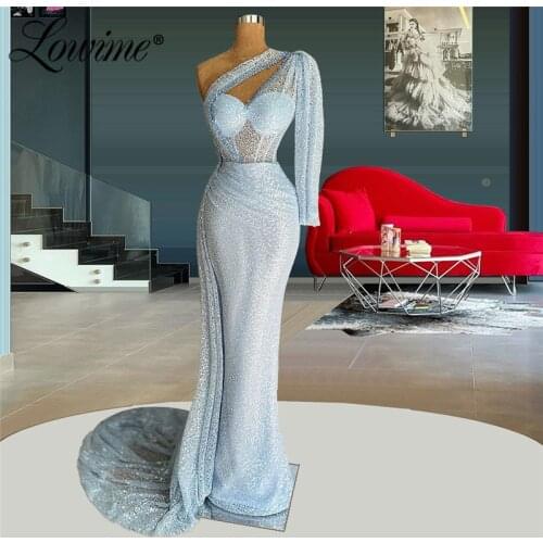 Sky Blue One Shoulder Evening Dresses 2021 Customized Beading Long Party Gowns Plus Size Single Sleeve Celebrity Prom Dress Robe