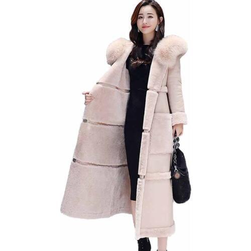 2019 New Winter Parkas Women Chamois Suede Coats Flocking Thicken X-Long Fur collar Hooded Cotton Coat Female Plus size G486